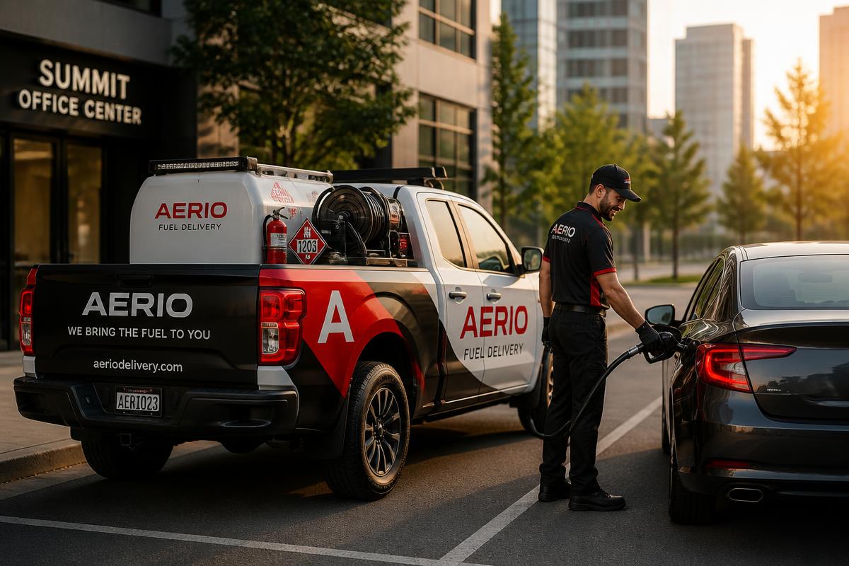 Aerio pickup truck delivering gasoline directly to a customer vehicle